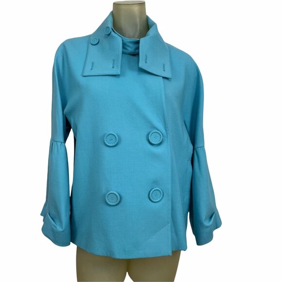 Per Se Blue Wool Stretch Swing Jacket Coat Bell Sleeves Size 10 Pockets Women's - Picture 1 of 5